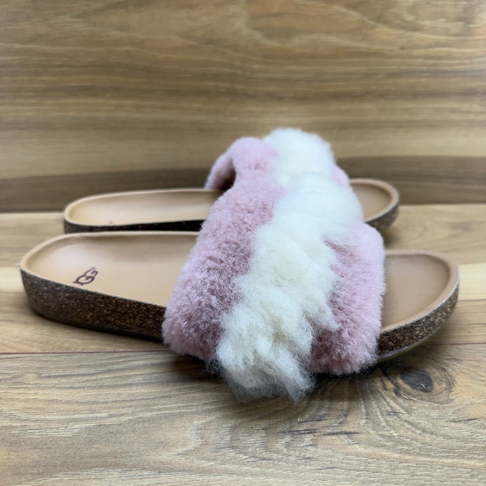 UGG Fluffy Slides Sherpa Womens 7 Pink Cork Sandals Travel Slip On Flats Resort